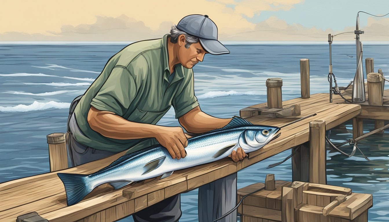 A fisherman cleaning a bluefish on a wooden dock by the ocean