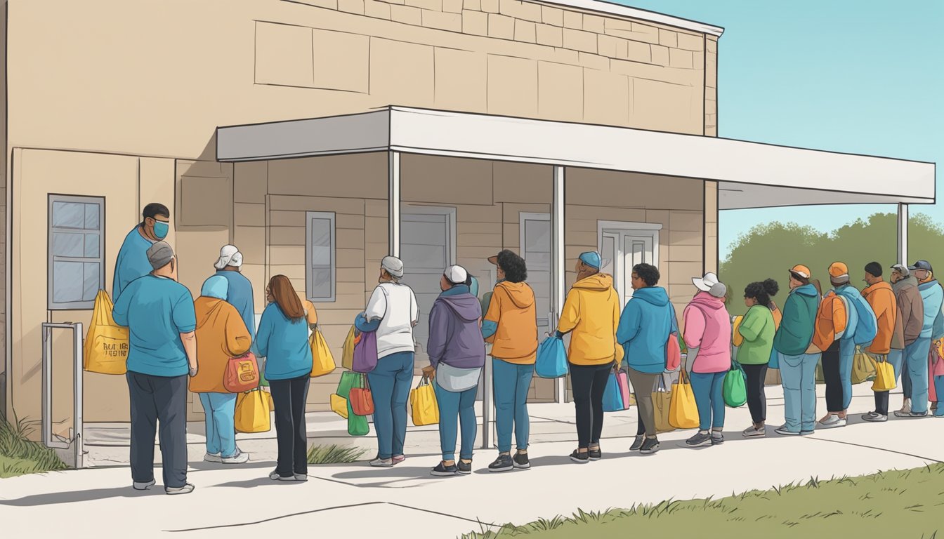 A line of people wait outside a food pantry in Willacy County, Texas. Volunteers hand out bags of groceries to those in need