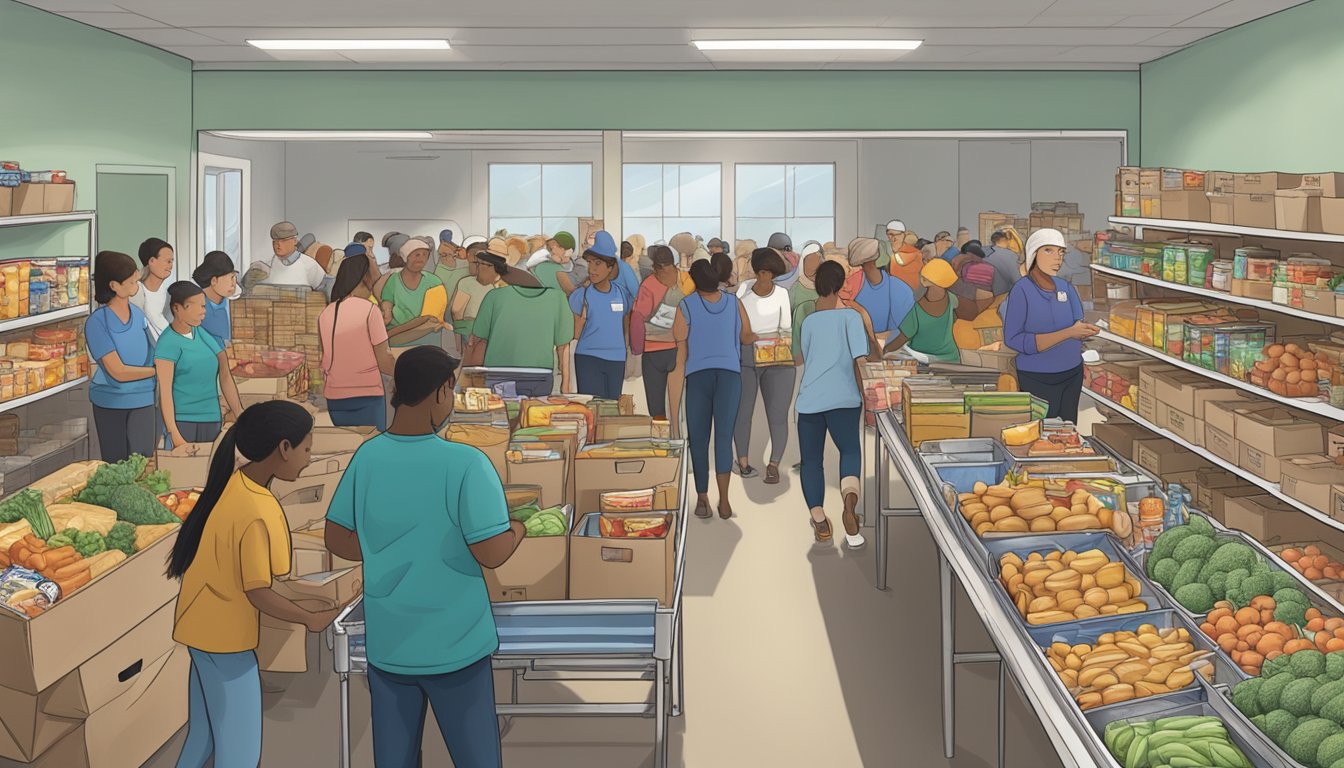 A bustling food pantry in Willacy County, Texas, with volunteers distributing free groceries to those in need