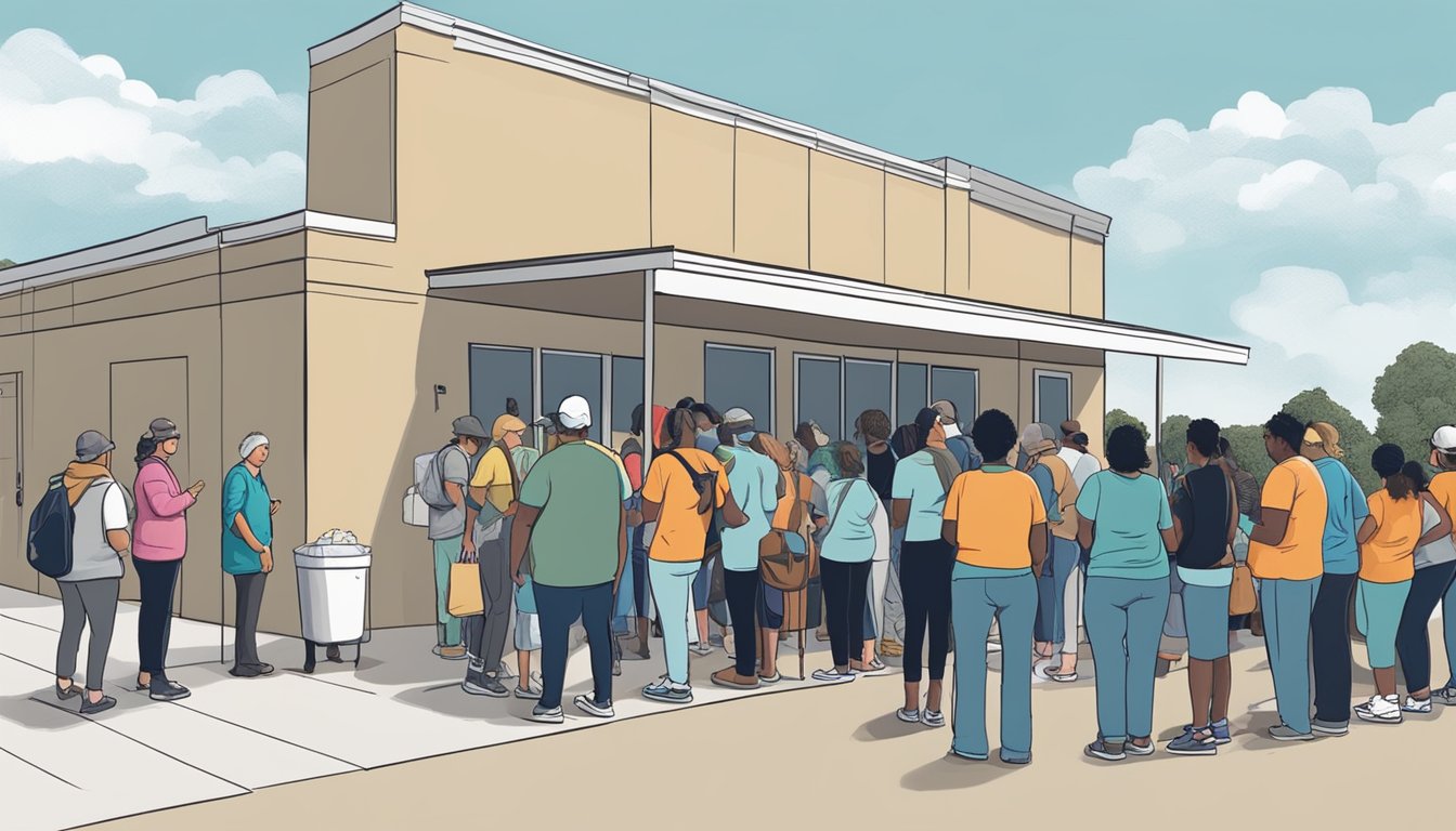 A line of people wait outside a food pantry in Willacy County, Texas. Volunteers hand out free groceries to those in need