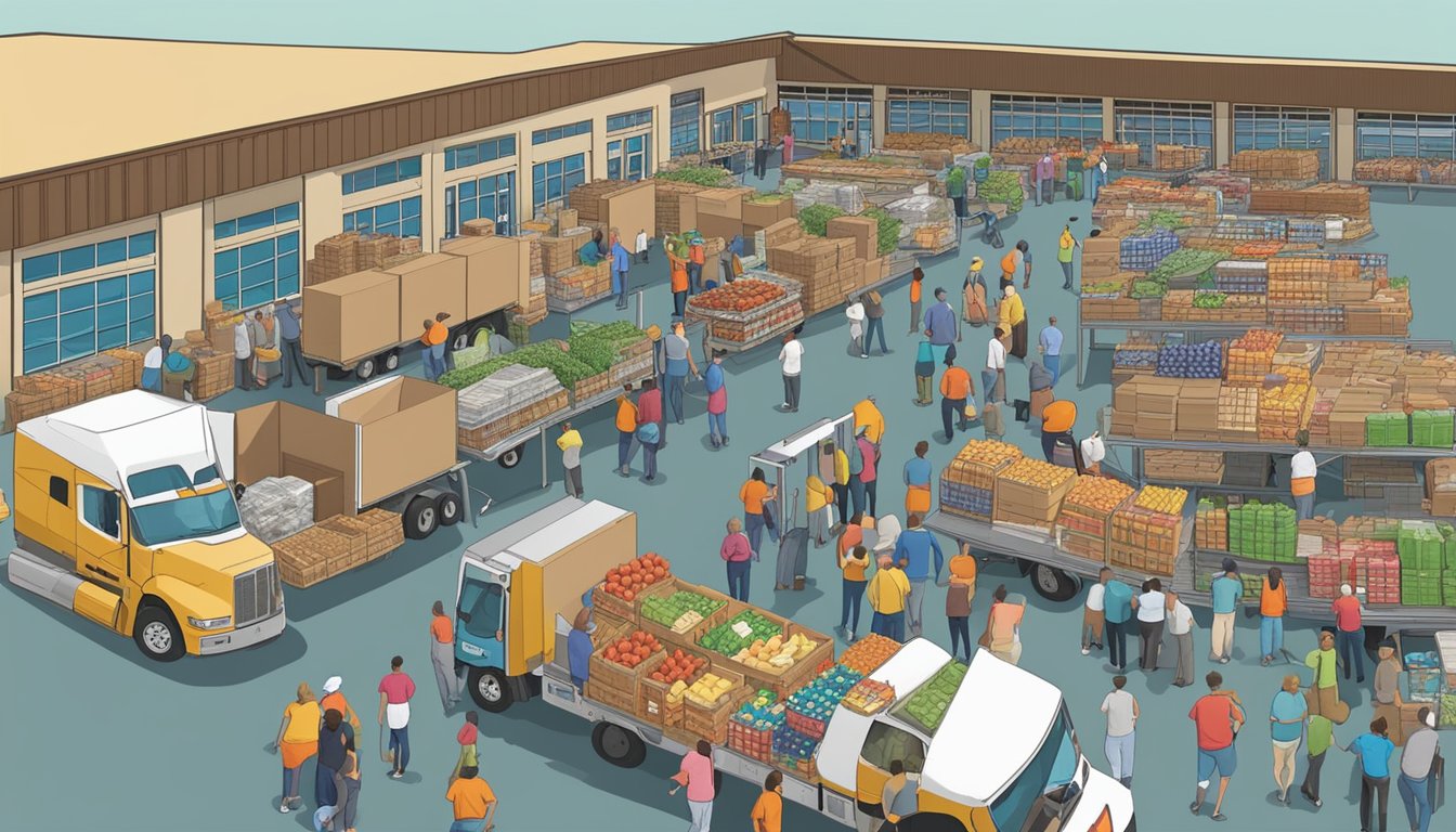 A bustling food distribution center in Willacy County, Texas, with volunteers handing out free groceries to those in need