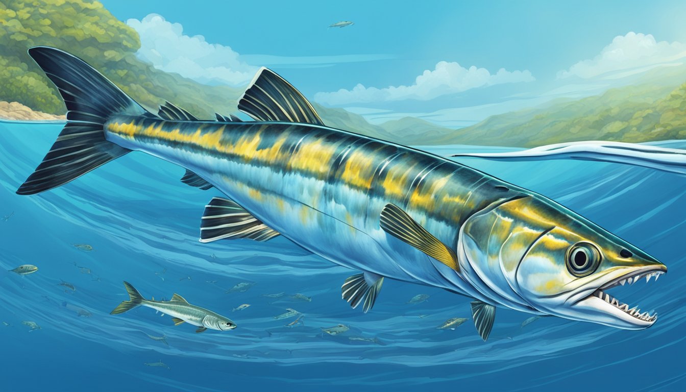 A Pacific Barracuda hunting and devouring its prey in the clear blue waters of the Pacific Ocean