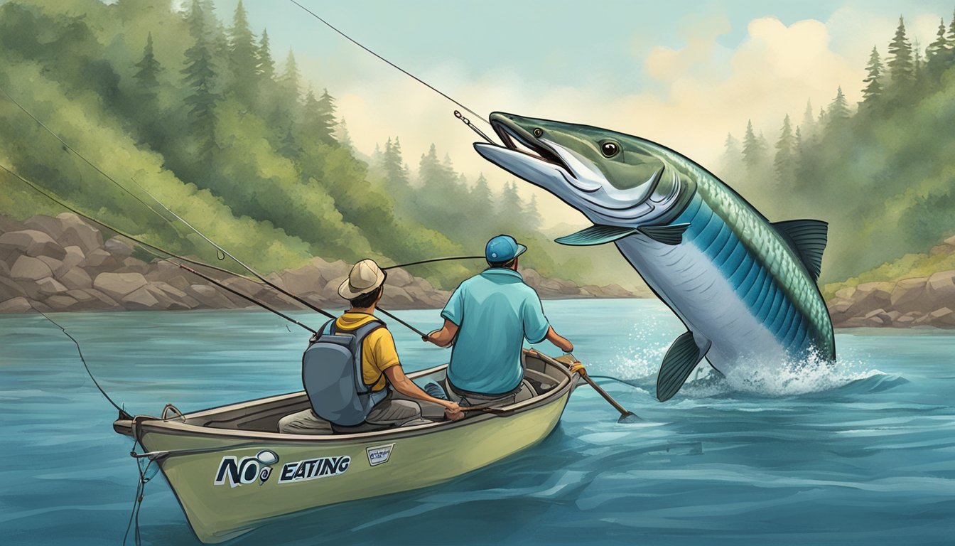 A person fishing with a "No Eating" sign near a pacific barracuda