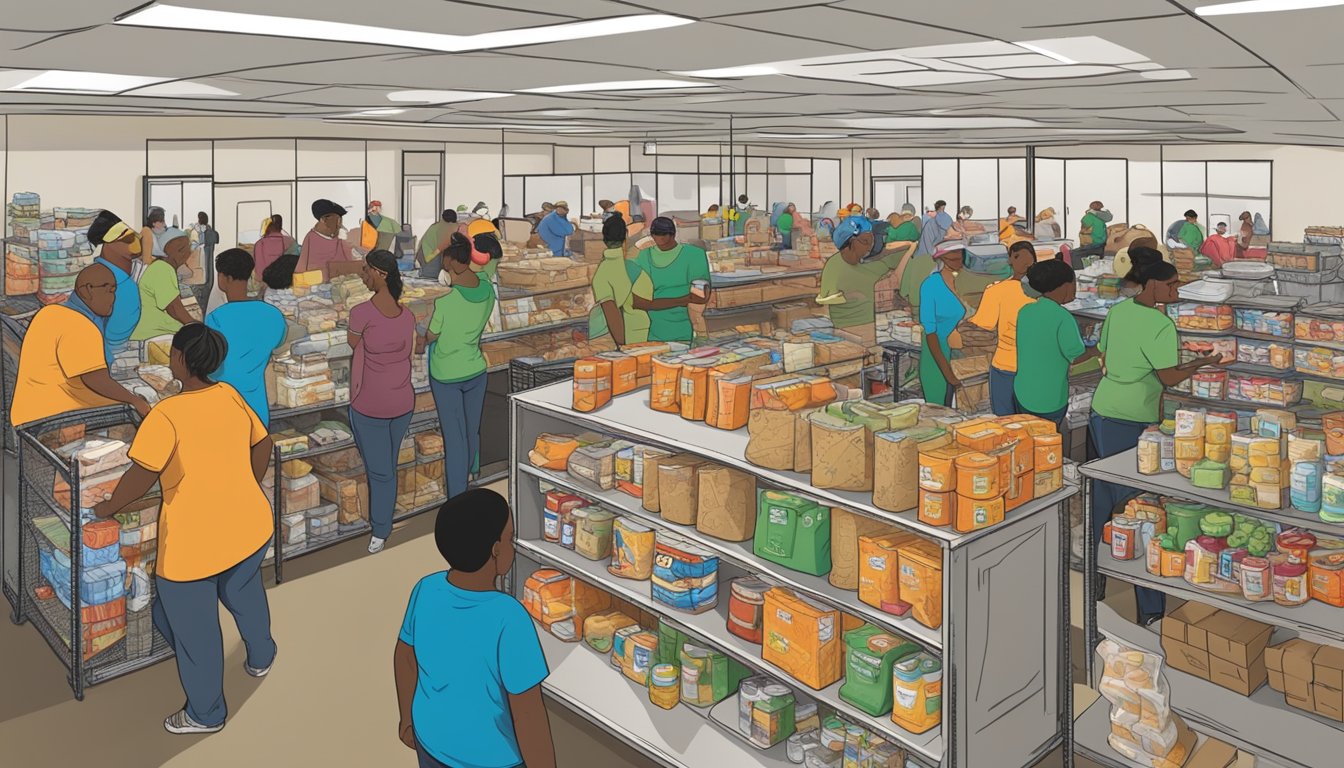 A bustling food pantry in Willacy County, Texas, with volunteers distributing free groceries to those in need