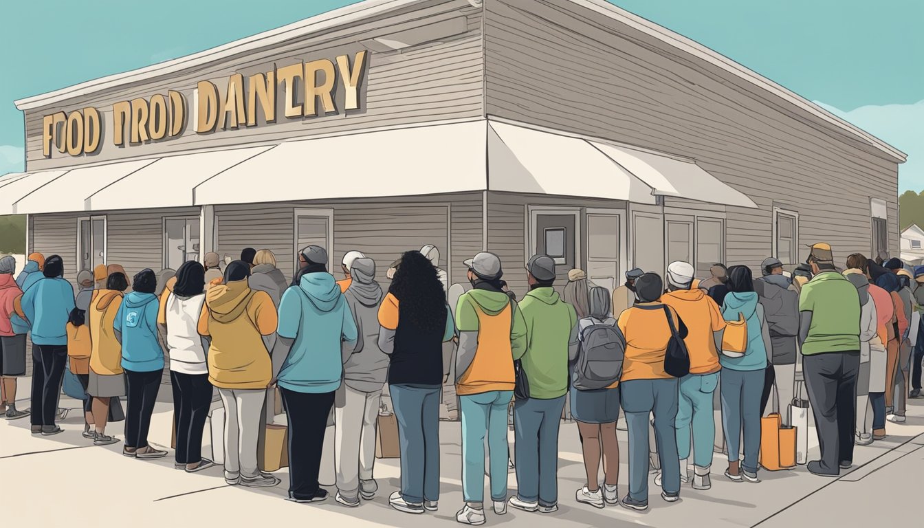 A line of people wait outside a food pantry in Willacy County, Texas, as volunteers distribute free groceries to those in need