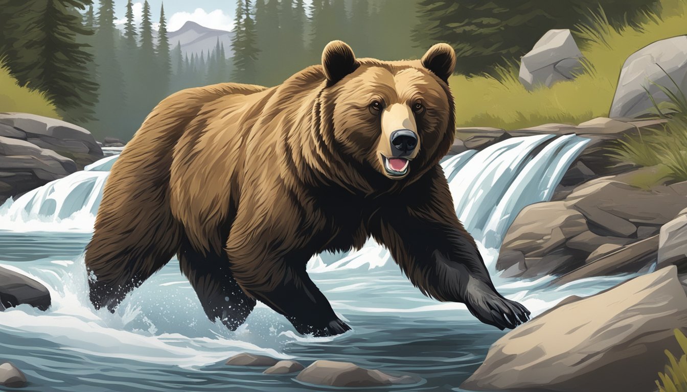 A bear catching and eating a cutthroat trout by a rushing stream