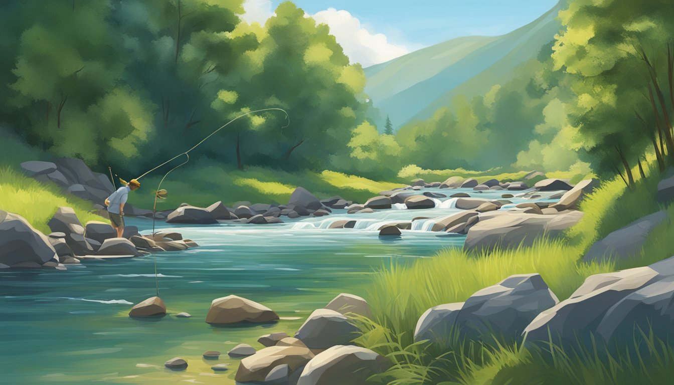 A serene mountain stream with a fisherman casting a line, surrounded by lush greenery and a clear blue sky