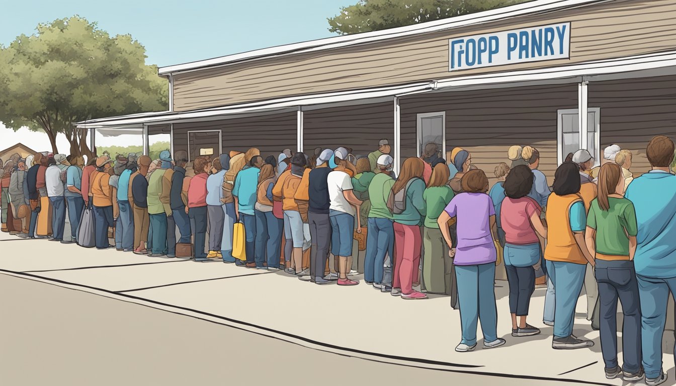 A line of people waiting outside a food pantry in Wilson County, Texas, with volunteers distributing free groceries to those in need