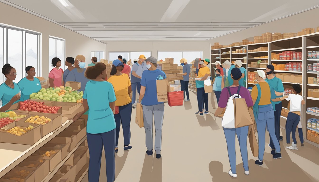 A bustling food pantry in Wilson County, Texas, with volunteers distributing free groceries to those in need