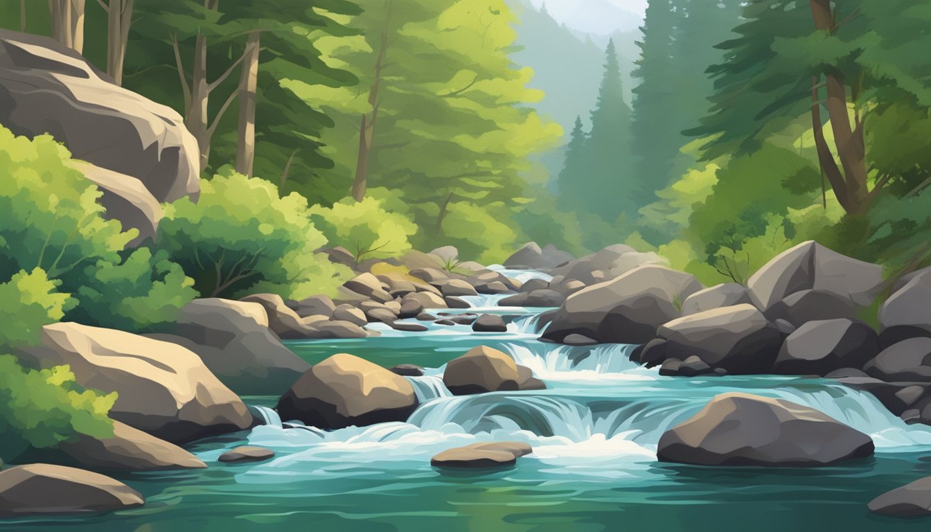 A serene mountain stream with a vibrant Apache Trout swimming among the rocks, surrounded by lush green foliage and the sound of flowing water