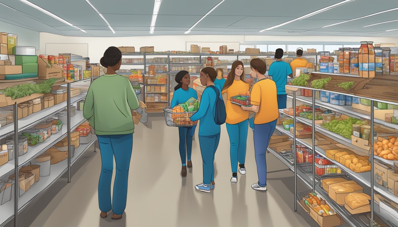 A bustling food pantry in Wilson County, Texas, with volunteers distributing free groceries to those in need