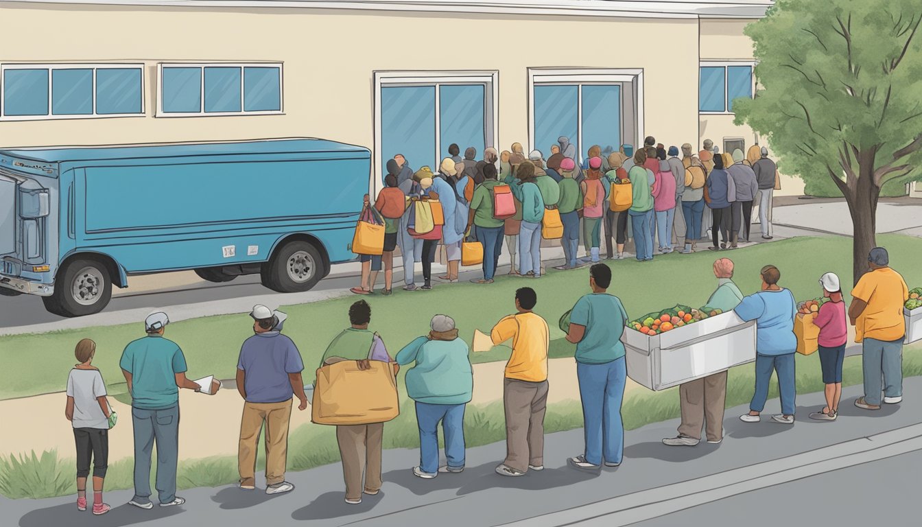 A line of people waiting outside a food pantry in Wilson County, Texas. Volunteers hand out free groceries and meals to those in need