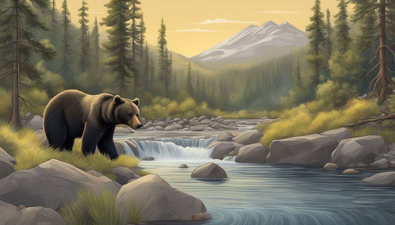 An ecosystem of a river, with a bear catching and eating an apache trout