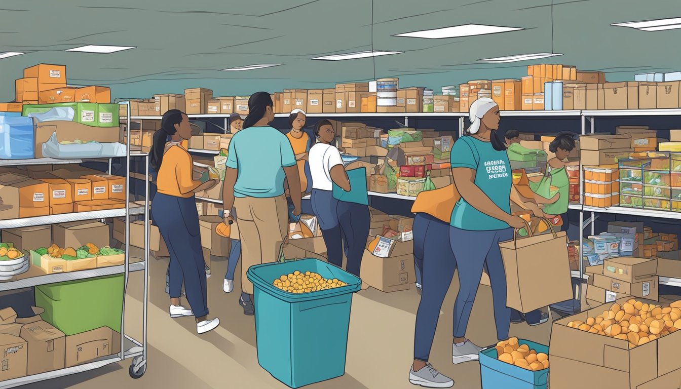 A bustling food pantry in Wilson County, Texas, with volunteers distributing groceries and nutrition support to those in need