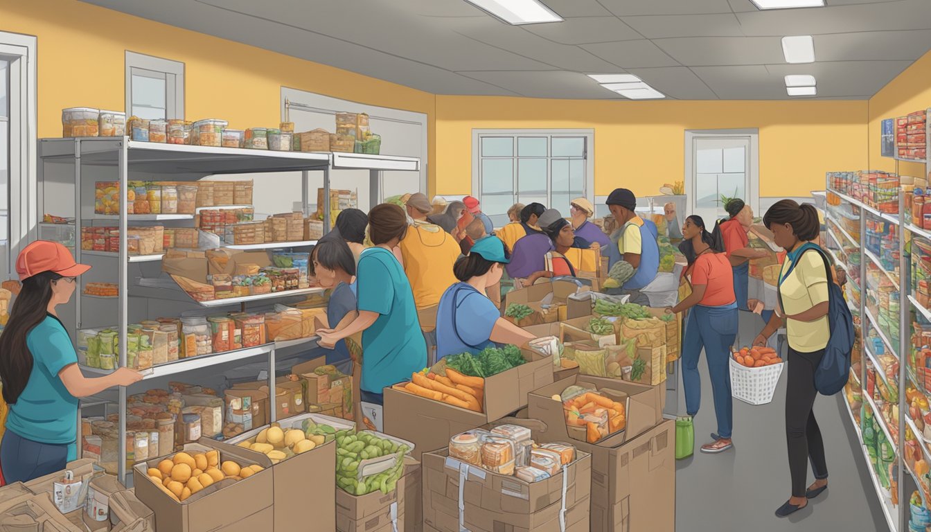 A bustling food pantry in Wilson County, Texas, with volunteers distributing free groceries to those in need