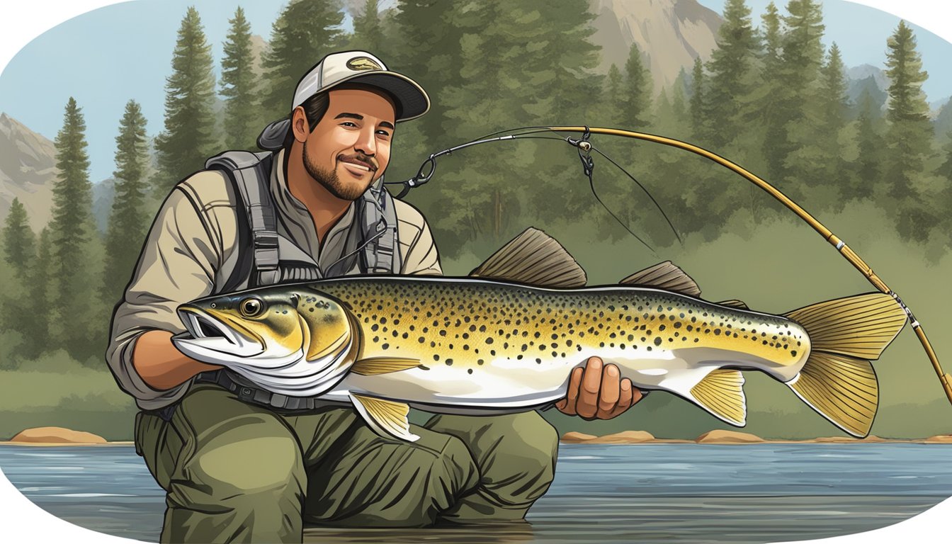 An angler's equipment and bait catching and eating an apache trout