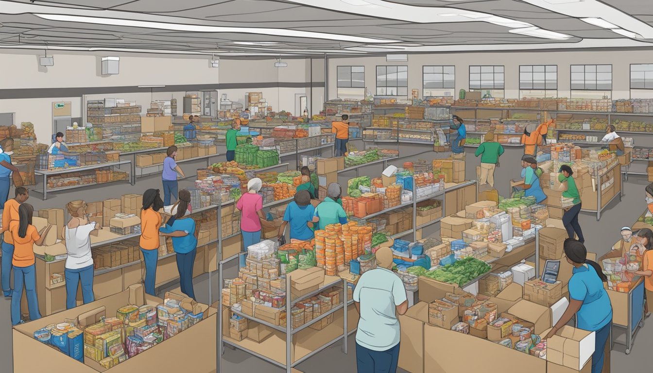 A bustling food pantry in Wilson County, Texas, with volunteers distributing free groceries to those in need