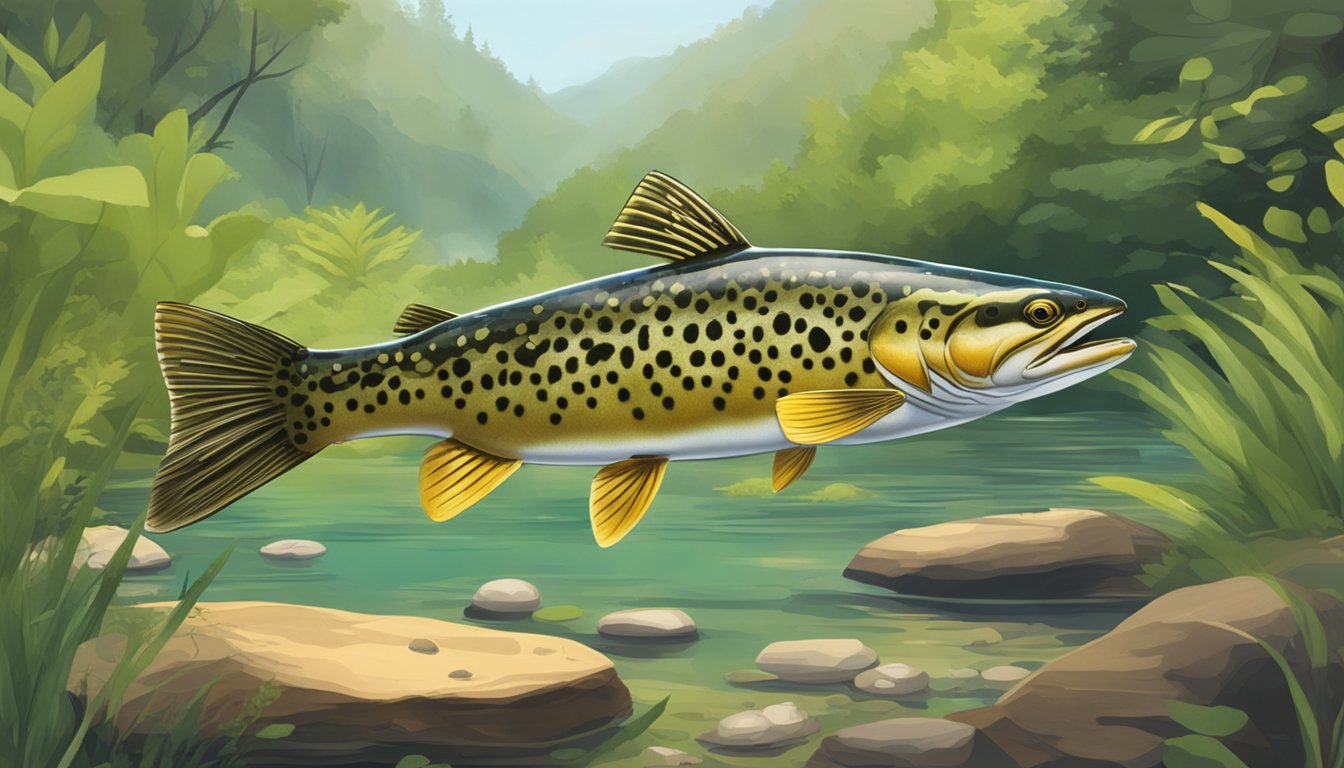 Apache trout swimming in clear stream, surrounded by lush vegetation and rocks