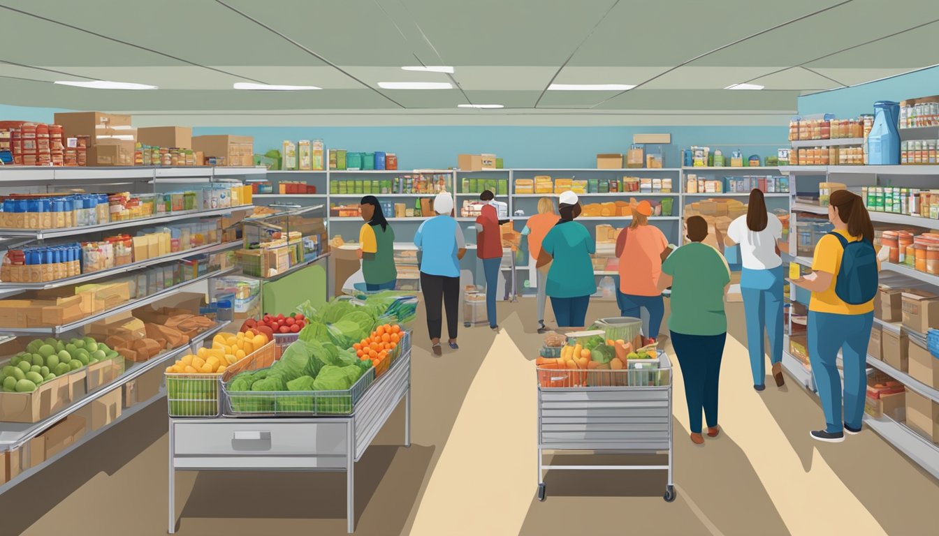 A bustling food pantry in Wilson County, Texas, with shelves stocked full of free groceries and volunteers assisting those in need