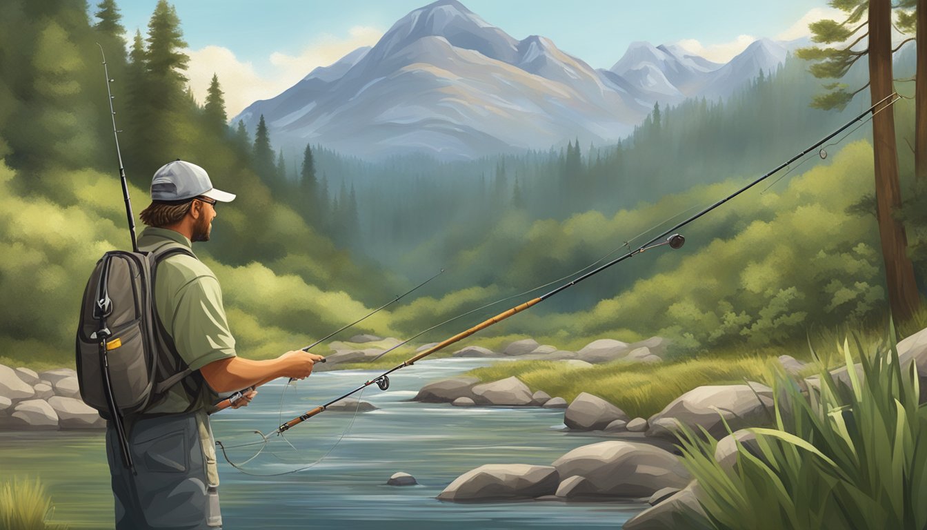 An angler holding a fishing rod with an apache trout caught on the line, surrounded by a serene mountain stream and lush vegetation