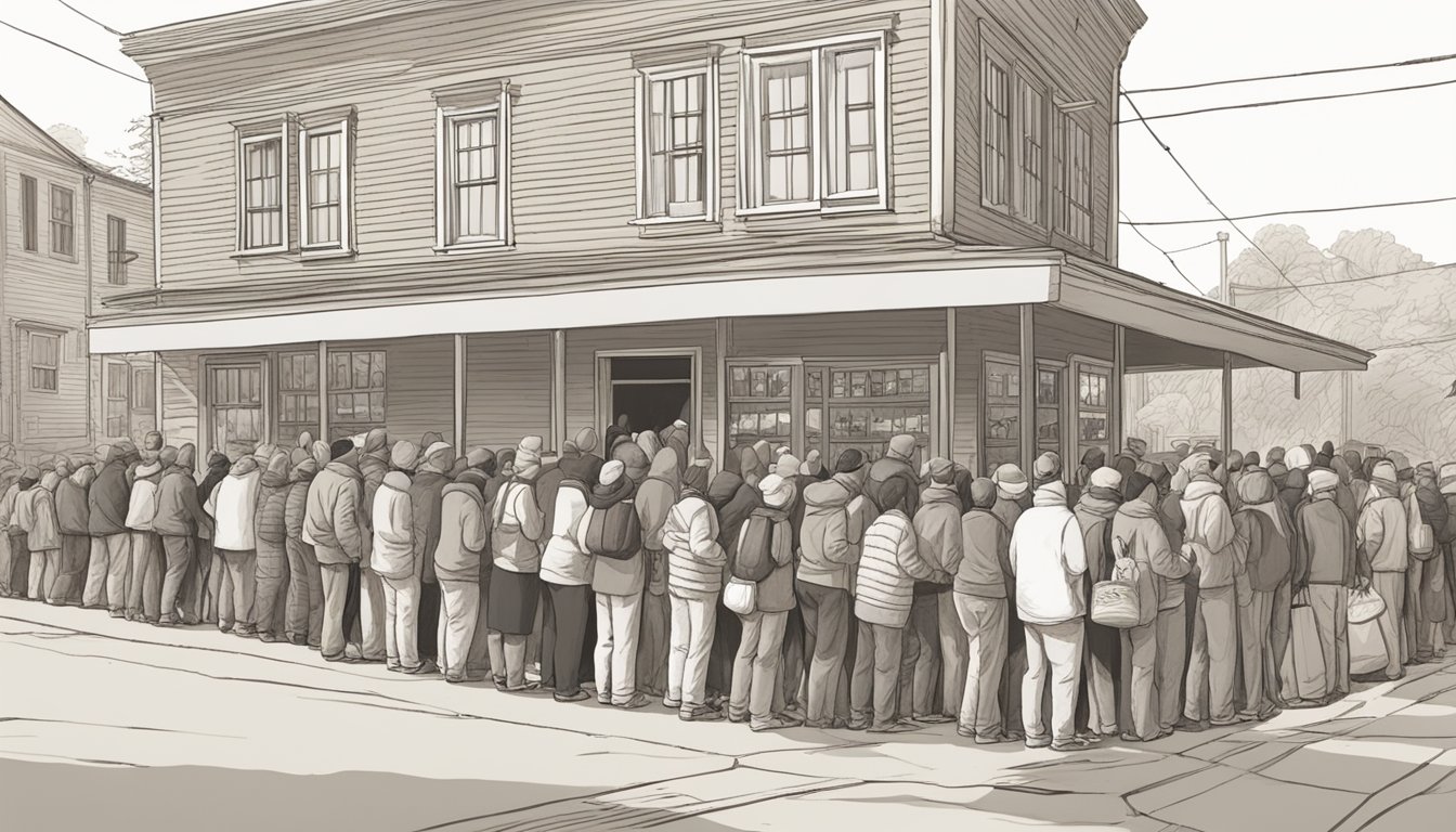 A line of people wait outside a small building, baskets and bags in hand, as volunteers distribute free groceries and food items