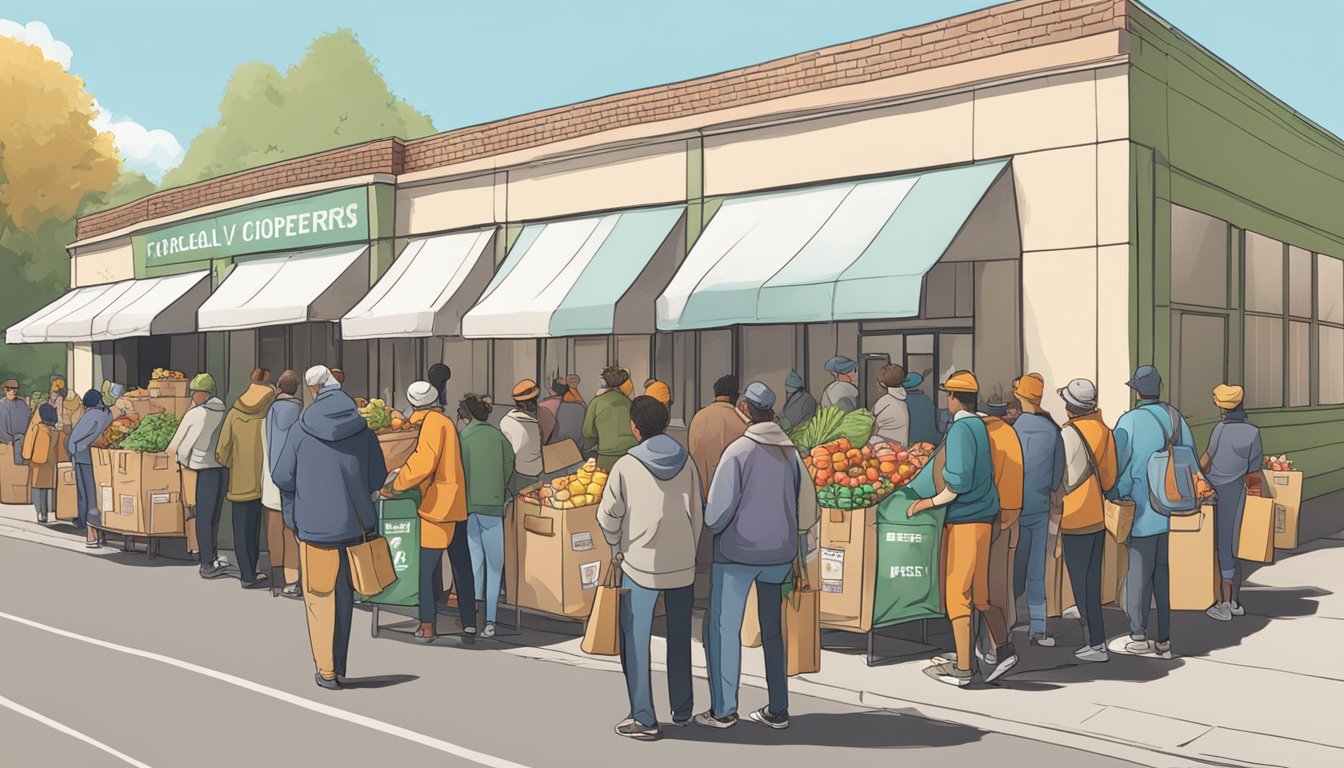 A line of people wait outside a small building, holding bags and boxes, as volunteers hand out groceries and food items