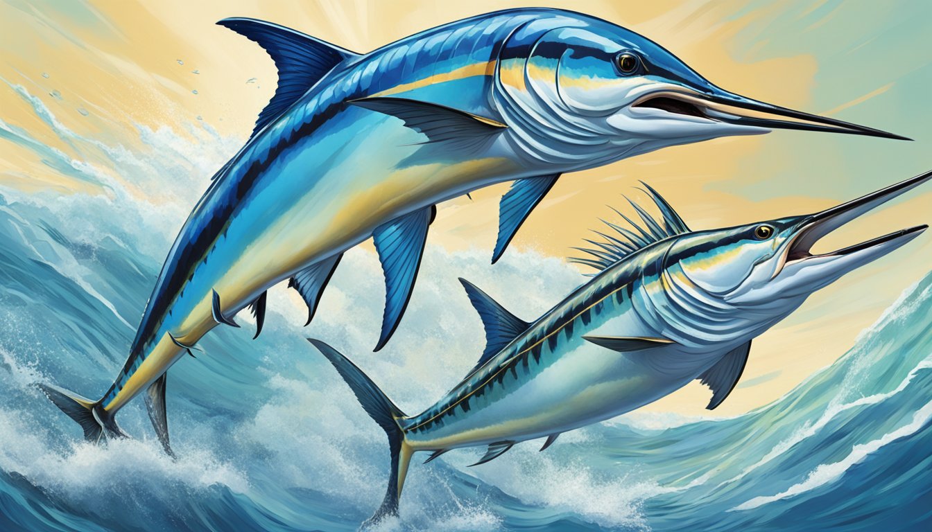 A marlin leaps out of the water, mouth open, catching another marlin in its sharp teeth