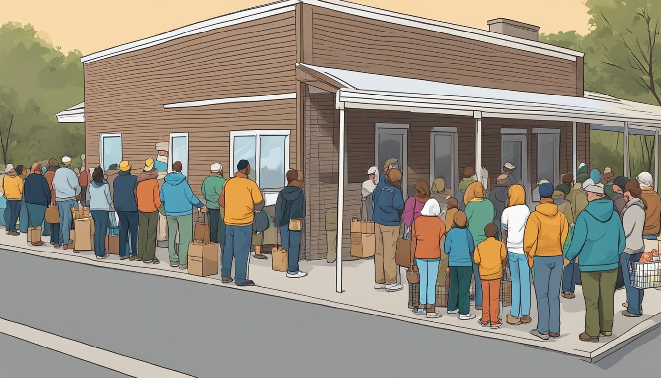 A line of people waits outside a food pantry in Wise County, Texas. Volunteers distribute free groceries to those in need