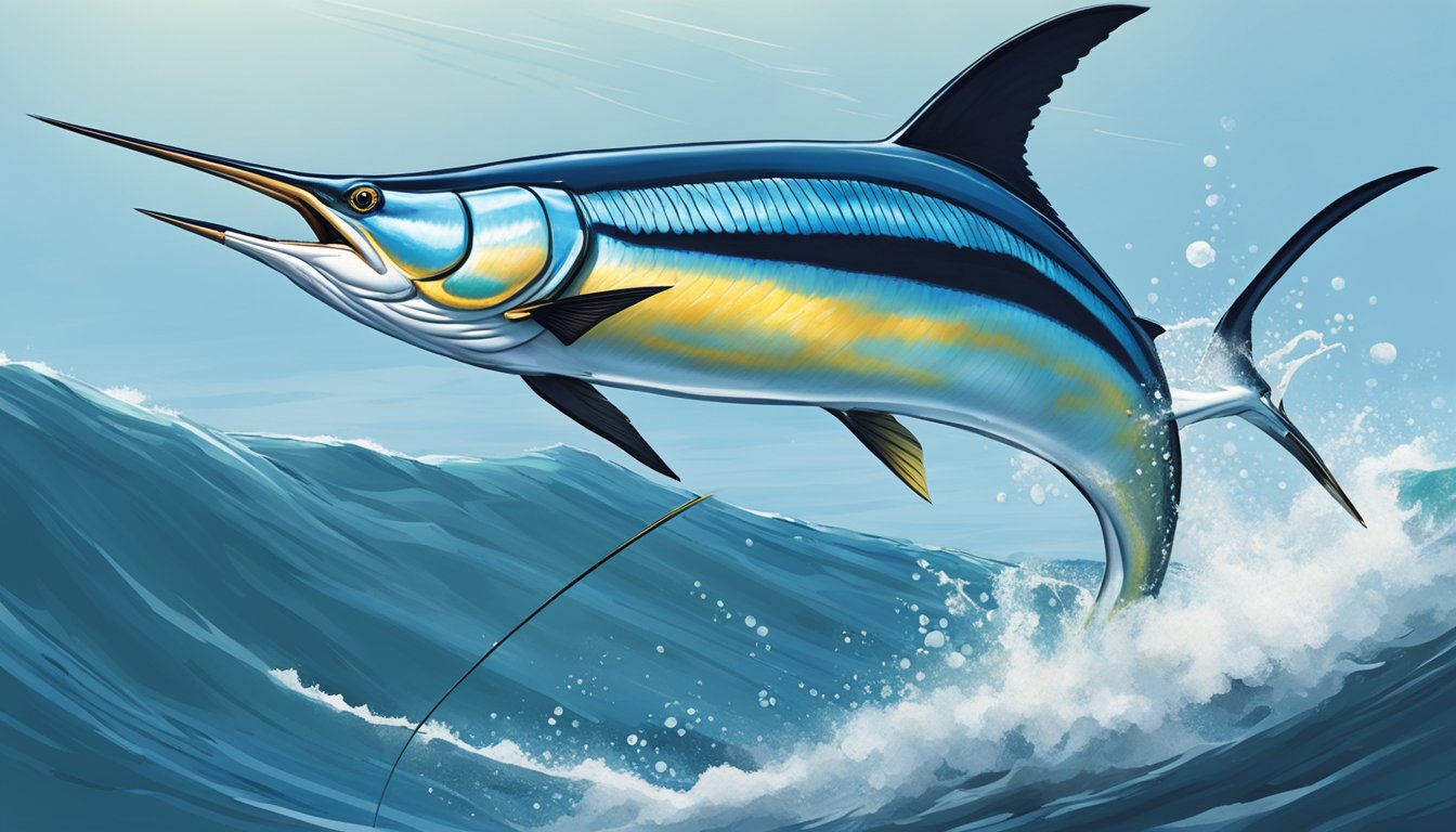 A sleek marlin leaping from the ocean, its sharp bill poised to strike the shimmering lure of an angler's essential gear