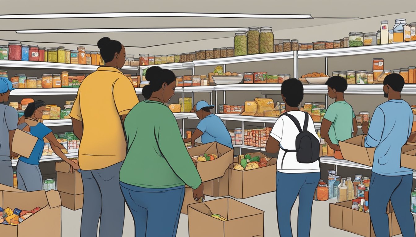 A bustling food pantry in Wise County, Texas, with volunteers distributing free groceries to those in need