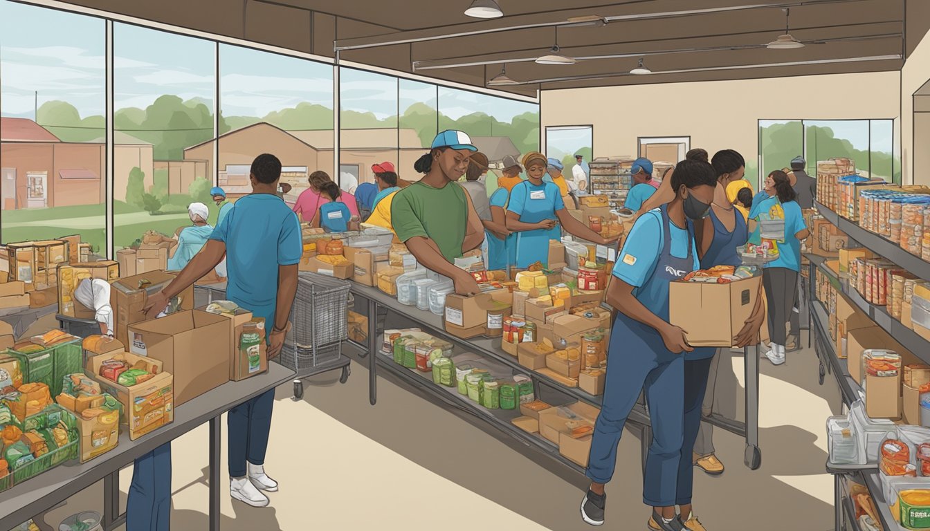 A bustling food pantry in Wise County, Texas, with volunteers distributing free groceries to those in need