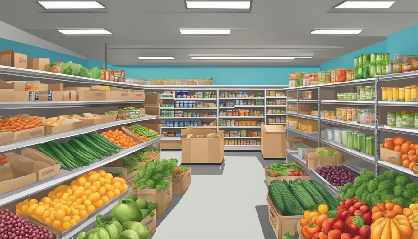 A bustling food pantry in Wise County, Texas, with fresh produce and shelves stocked with free groceries