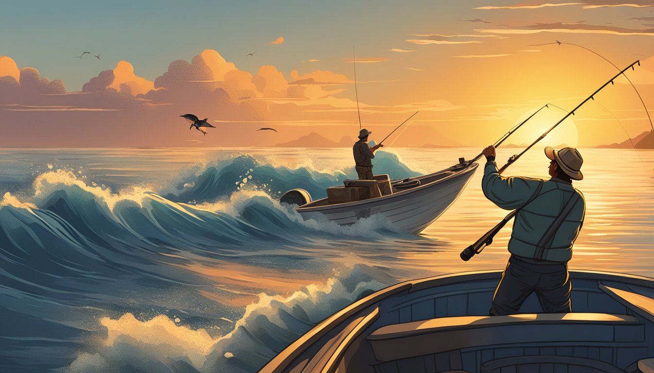 A fisherman stands on a boat, holding a fishing rod with a marlin jumping out of the water. The sun sets behind them, casting a warm glow over the ocean