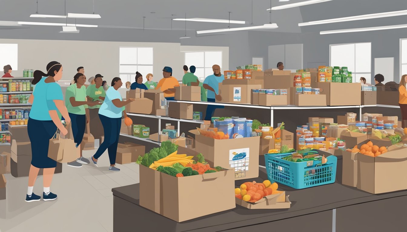 A bustling food pantry in Wise County, Texas, with volunteers distributing free groceries to those in need