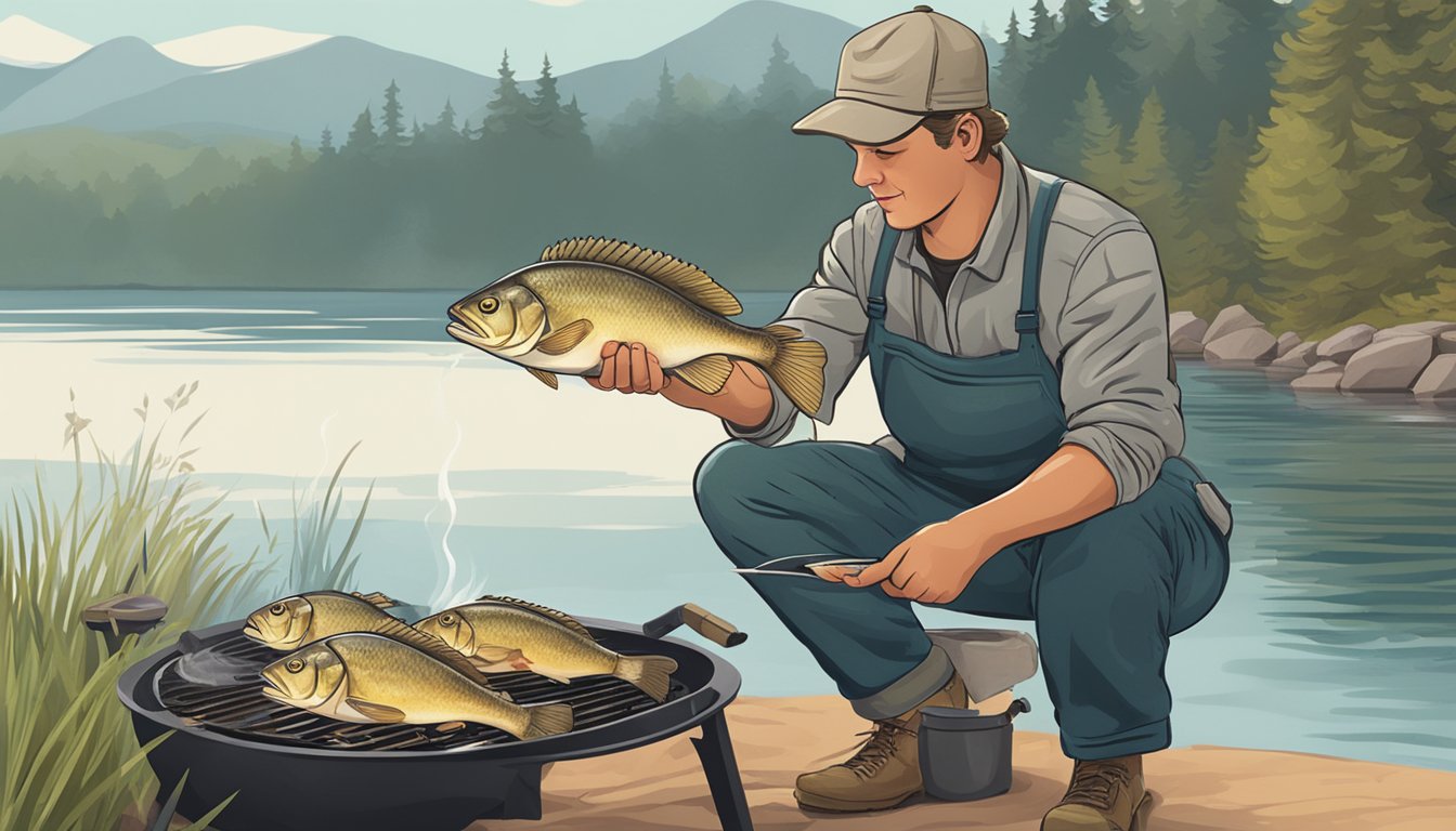 A person holding a freshly caught croaker, preparing to cook it over a campfire by the water's edge