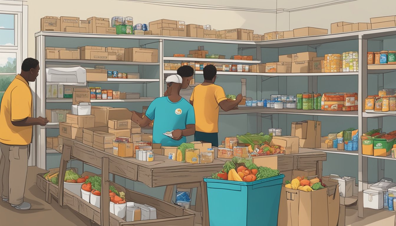 A bustling food pantry in Wise County, Texas, with volunteers distributing free groceries to those in need