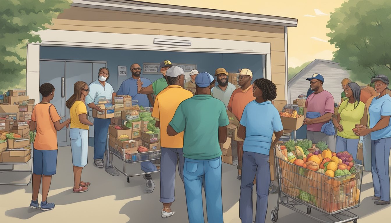 People gathering at a food pantry in Wise County, Texas, receiving free groceries and contributing to the community