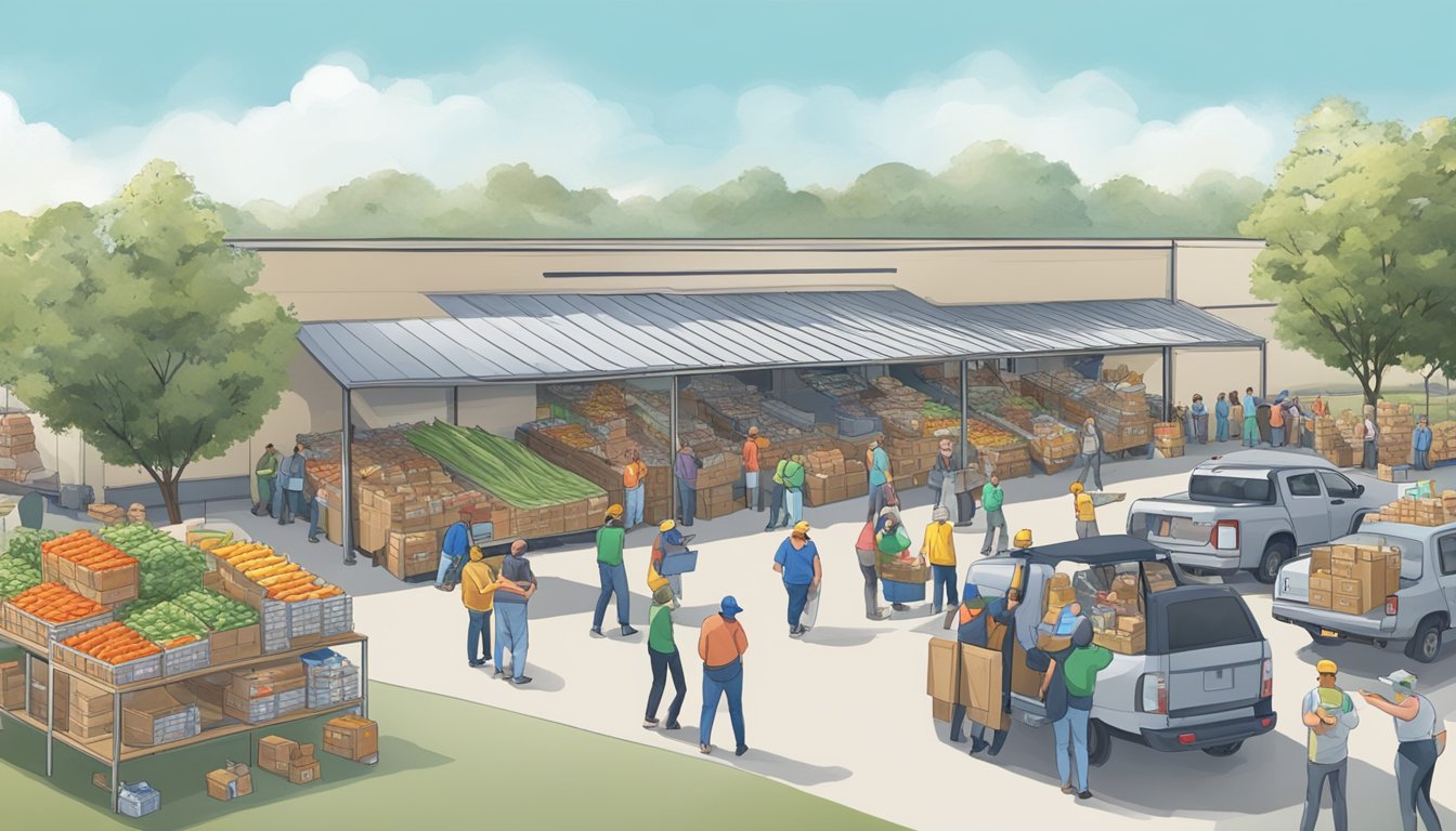 A bustling food distribution center in Wise County, Texas, with volunteers handing out free groceries to those in need