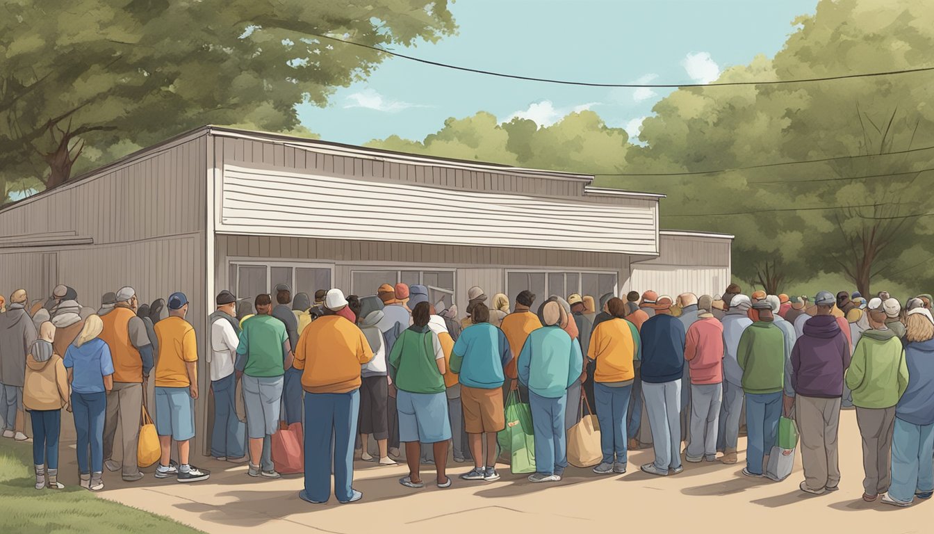 A line of people wait outside a food pantry in Yoakum County, Texas, as volunteers distribute free groceries to those in need