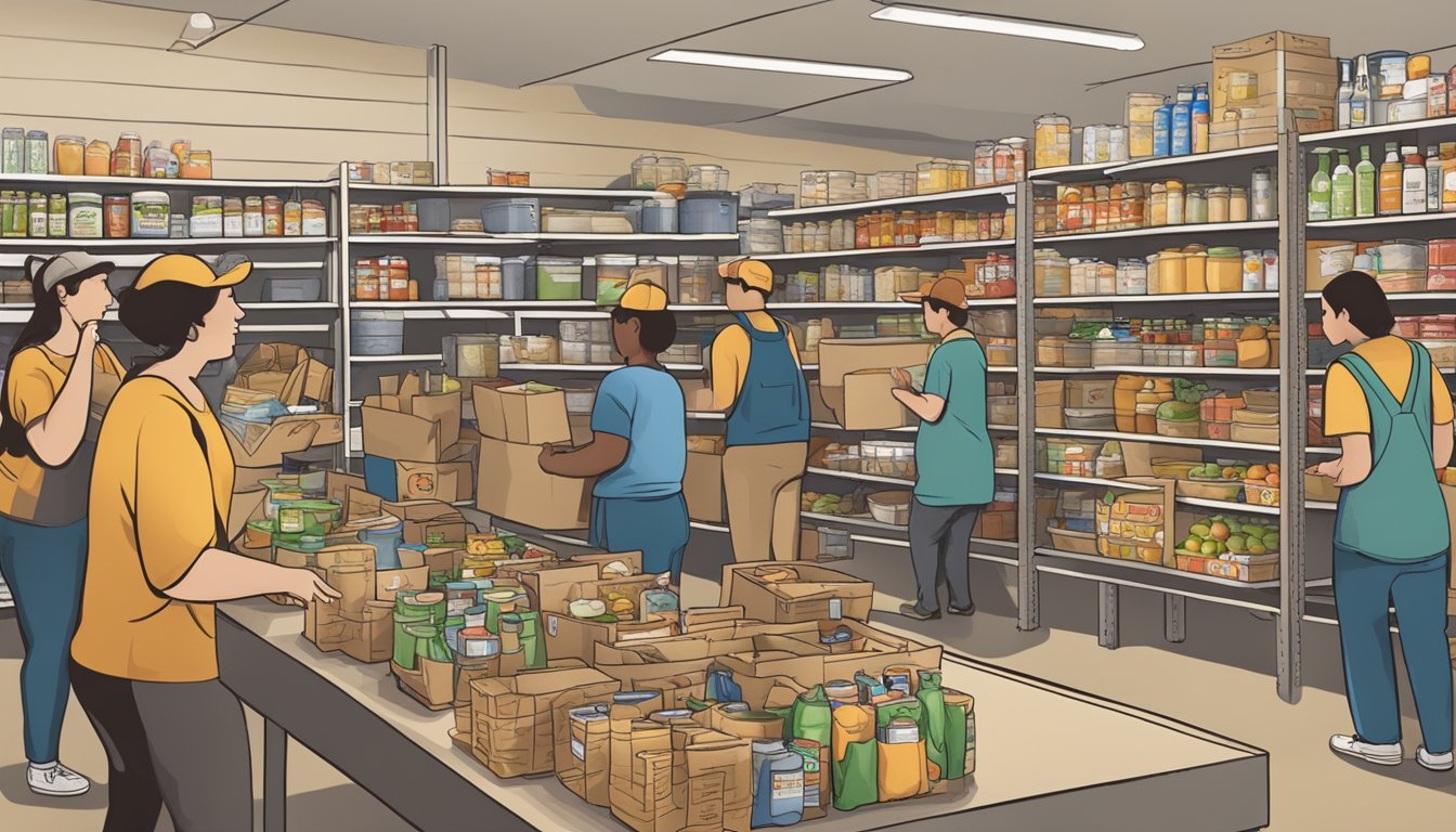 A bustling food pantry in rural Texas, with volunteers distributing groceries to those in need