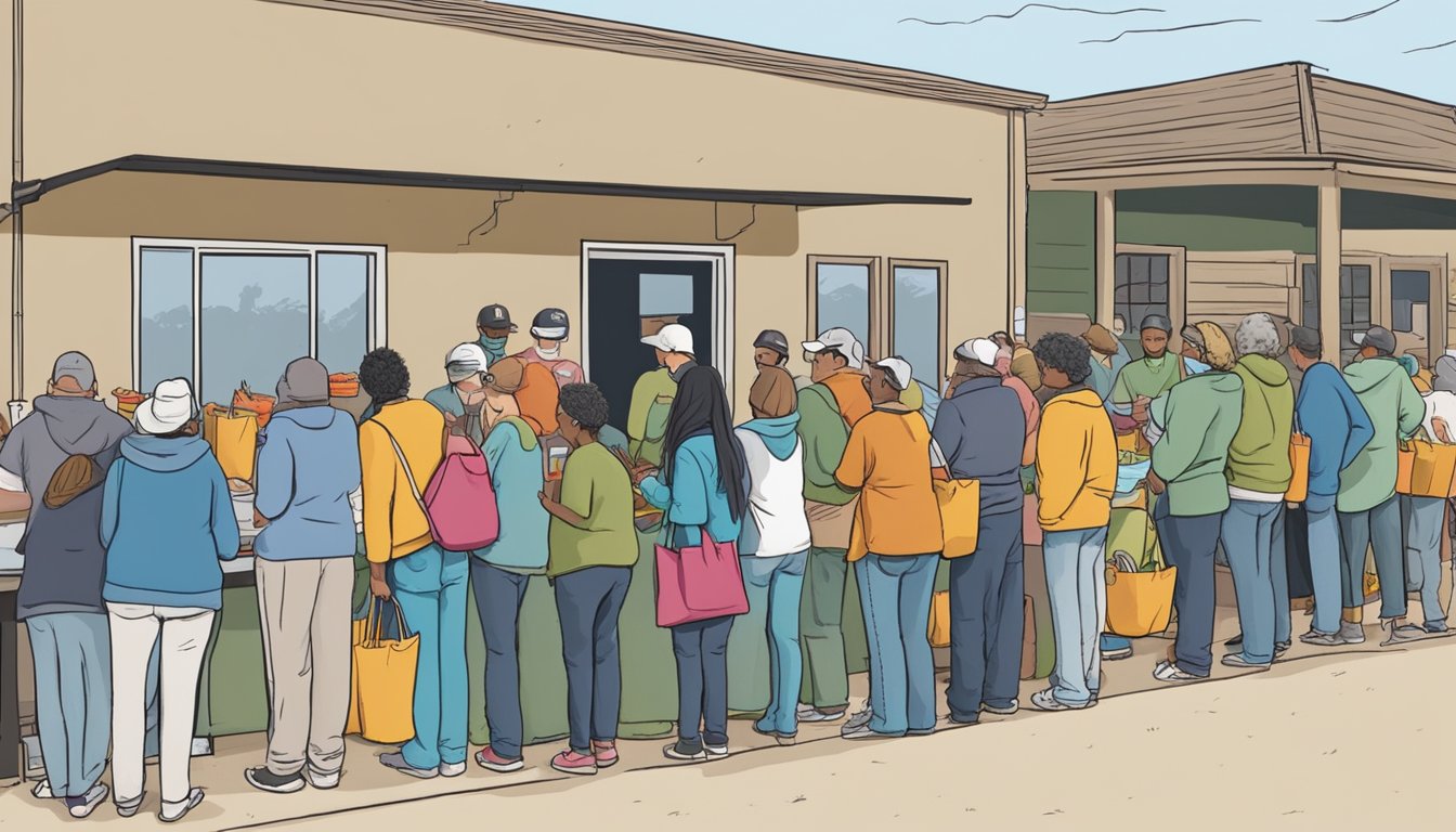 A line of people waits outside a small food pantry in Yoakum County, Texas. Volunteers hand out bags of groceries and fresh produce