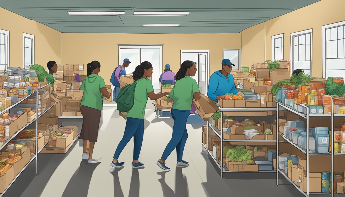 A bustling food pantry in Yoakum County, Texas, with volunteers distributing free groceries to those in need