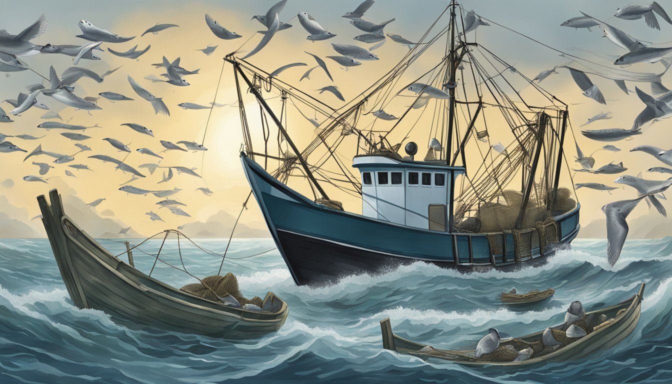 A fishing boat hauling in a net filled with haddock, while seabirds circle overhead