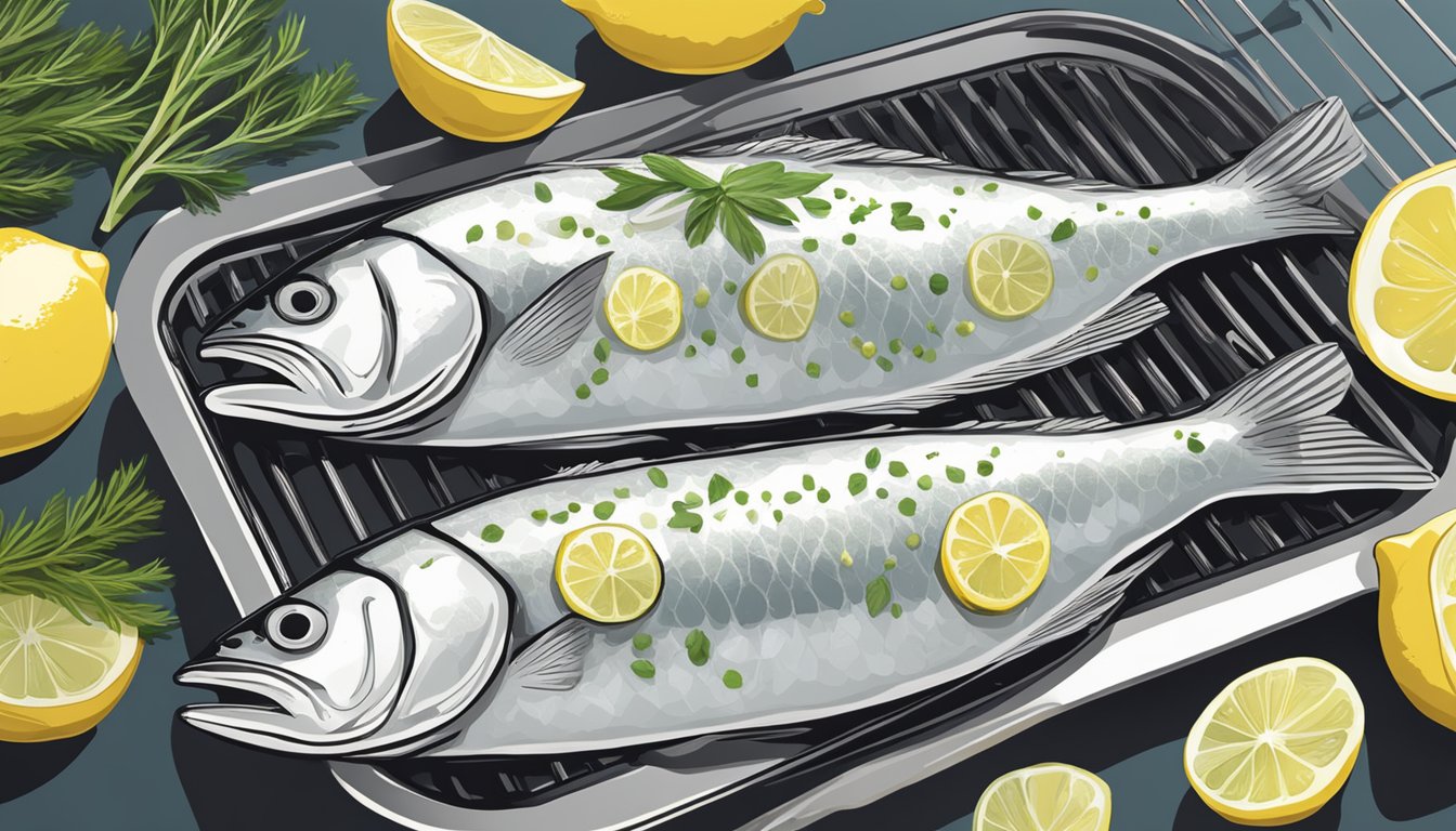 A haddock being seasoned and placed on a grill, with a side of lemon slices and fresh herbs ready for garnish