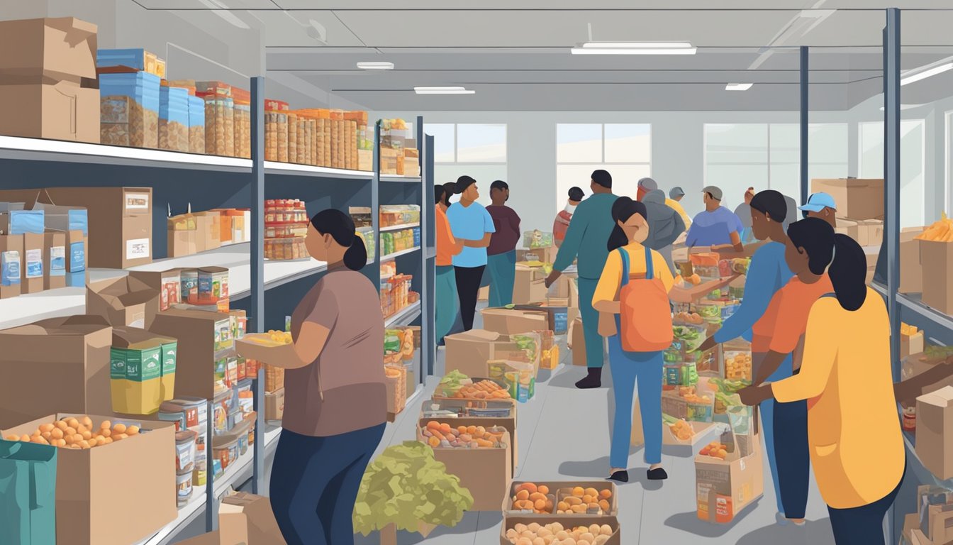 A bustling food pantry in Zapata County, Texas, with volunteers distributing free groceries to those in need