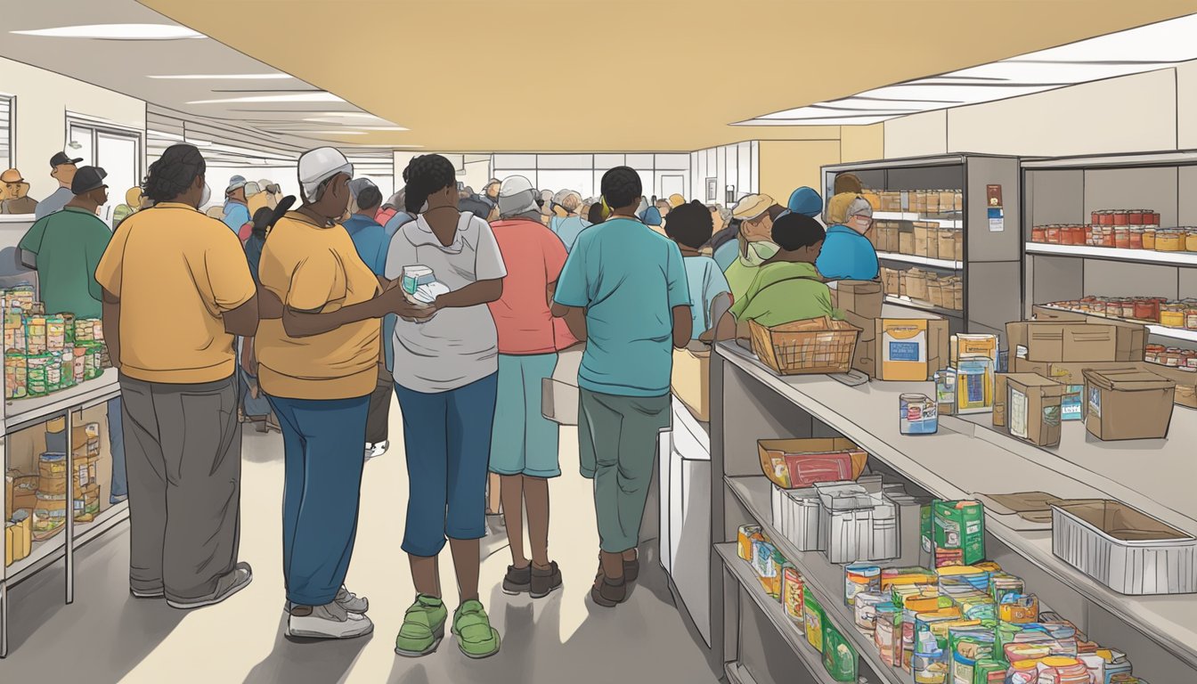 A bustling food pantry in Zapata County, Texas, with a line of people waiting for free groceries. Volunteers assist with accessibility and service information