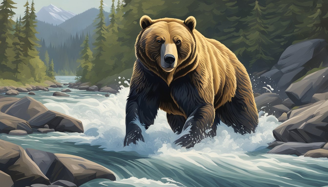 A bear catching and eating a chinook salmon by a rushing river