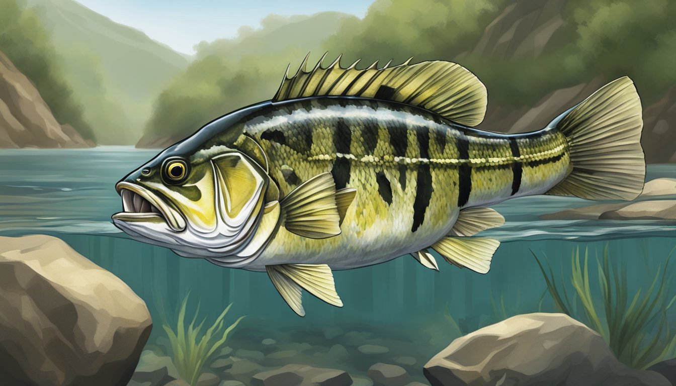 A guadalupe bass with distinctive dark lateral stripes catches and devours a smaller fish in a rocky stream