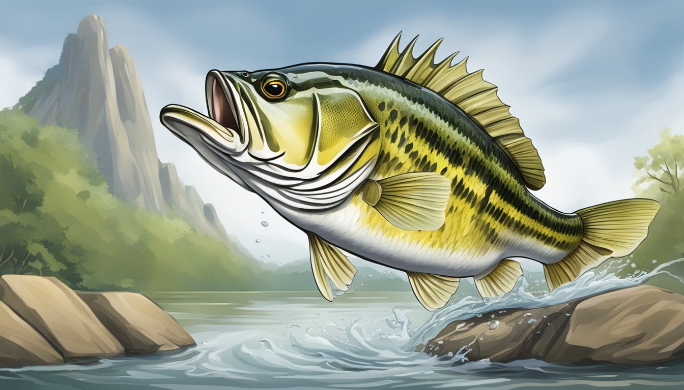 A guadalupe bass leaping from a clear stream to catch a small fish