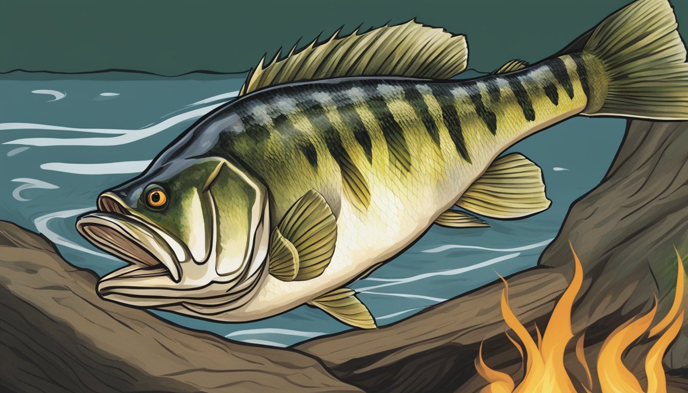 A guadalupe bass is caught with a fishing line and then cooked over a campfire